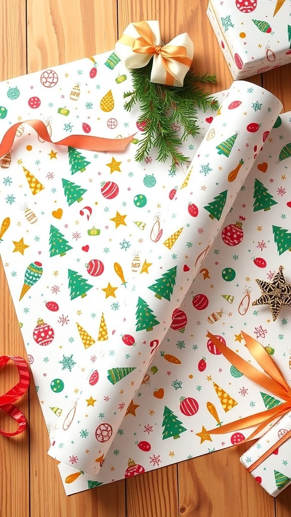 DIY Christmas doodles wrapping paper with colorful designs on a wooden table surrounded by holiday decorations.